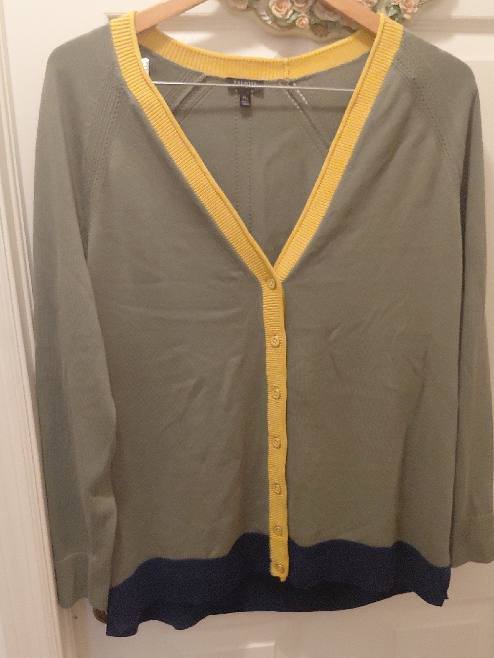 Talbots Olive Green V-Neck Cardigan with Yellow Trim and Navy Hem